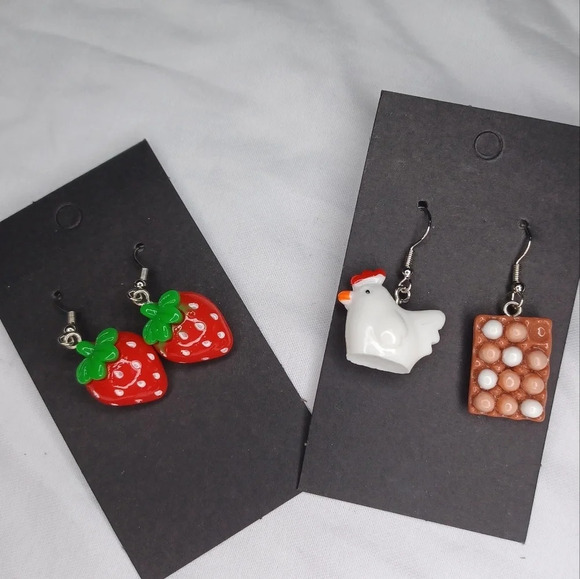 Jewelry - Handmade strawberry and chicken earrings